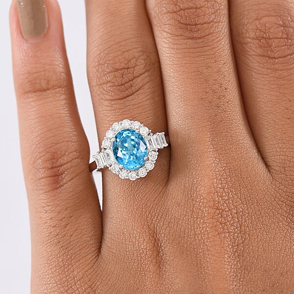 Certified & Appraised AAA Cambodian Blue Zircon And Luxuriant Lab Grown Diamond G-H SI 4.42 Ctw Ring In 10K White Gold