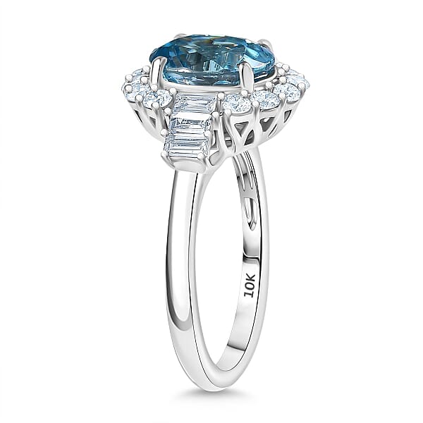 Certified & Appraised AAA Cambodian Blue Zircon And Luxuriant Lab Grown Diamond G-H SI 4.42 Ctw Ring In 10K White Gold
