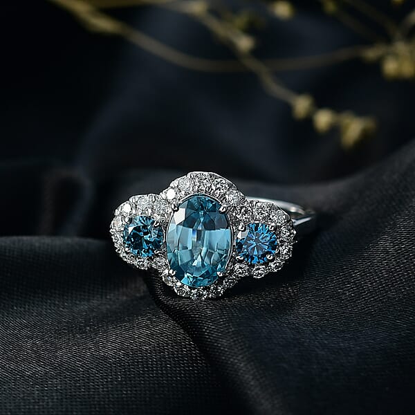 Certified & Appraised AAA Cambodian Blue Zircon And Luxuriant Blue And White Diamond SI 3.00 Ctw Azure Tide Ring In 10K White Gold