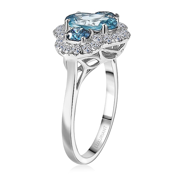 Certified & Appraised AAA Cambodian Blue Zircon And Luxuriant Blue And White Diamond SI 3.00 Ctw Azure Tide Ring In 10K White Gold