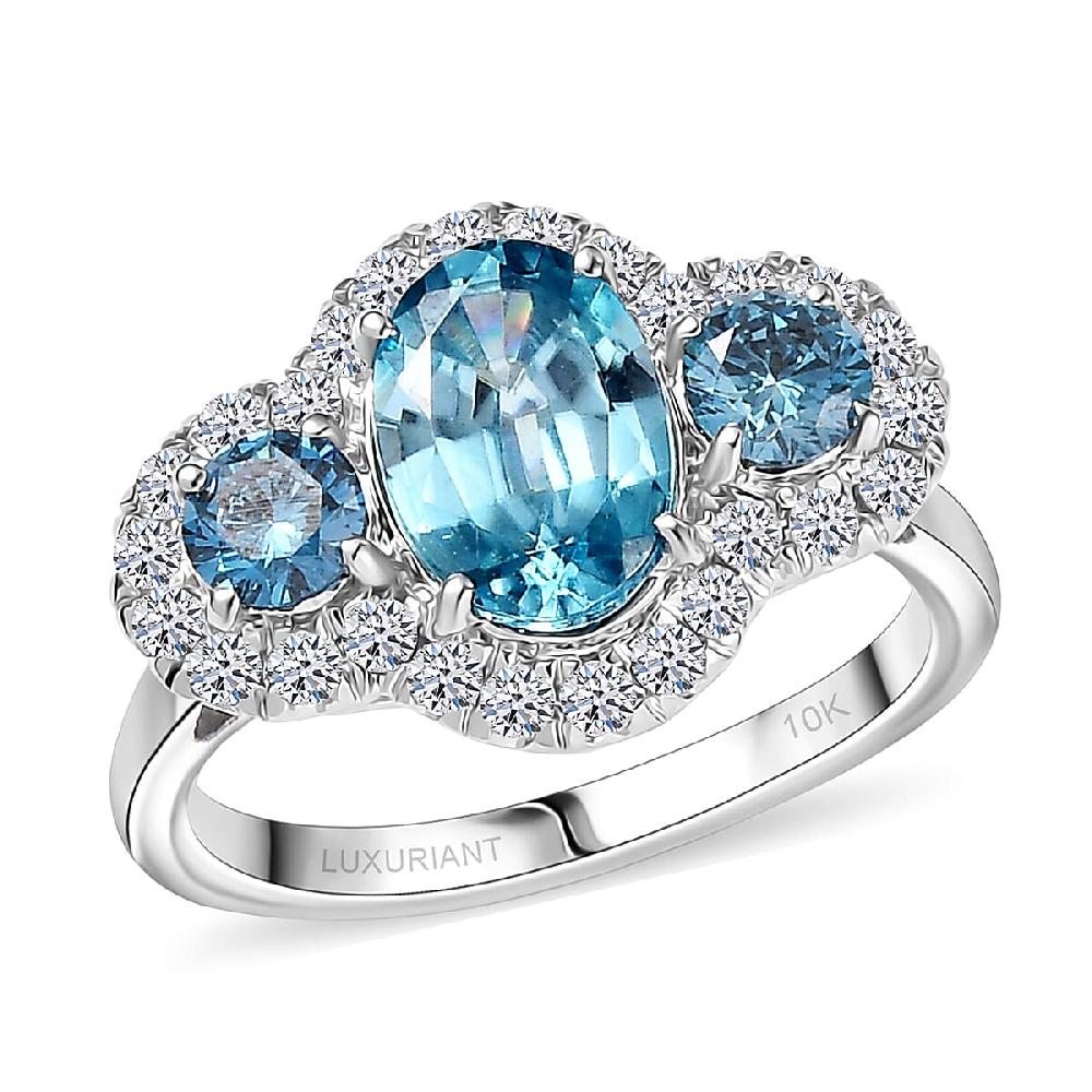 Certified & Appraised AAA Cambodian Blue Zircon and Luxuriant Blue and White Diamond SI 3.00 ctw Azure Tide Ring in 10K White Gold