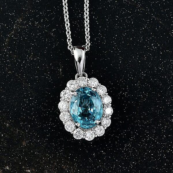 Certified & Appraised AAA Cambodian Blue Zircon And Luxuriant Lab Grown Diamond G-H SI 2.92 Ctw Pendant Necklace 20 Inches