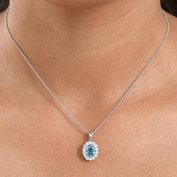 Certified & Appraised AAA Cambodian Blue Zircon And Luxuriant Lab Grown Diamond G-H SI 2.92 Ctw Pendant Necklace 20 Inches