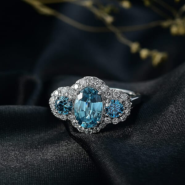 Certified & Appraised AAA Cambodian Blue Zircon And Luxuriant Blue And White Diamond SI 3.00 Ctw Azure Tide Ring In 10K White Gold