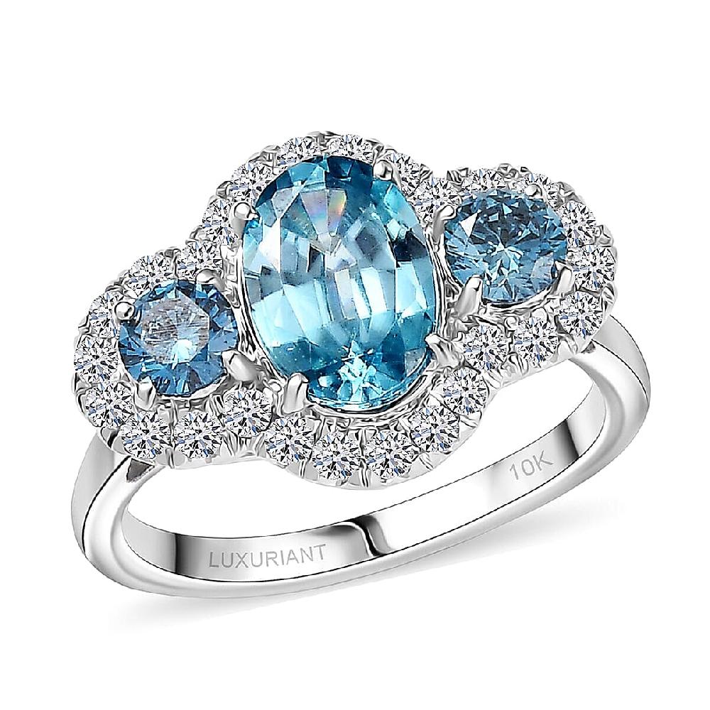 Certified & Appraised AAA Cambodian Blue Zircon and Luxuriant Blue and White Diamond SI 3.00 ctw Azure Tide Ring in 10K White Gold
