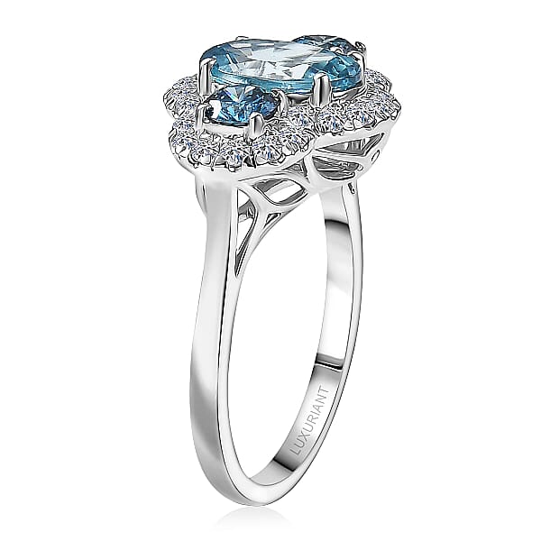 Certified & Appraised AAA Cambodian Blue Zircon And Luxuriant Blue And White Diamond SI 3.00 Ctw Azure Tide Ring In 10K White Gold