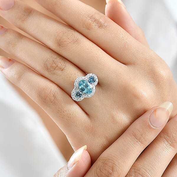 Certified & Appraised AAA Cambodian Blue Zircon And Luxuriant Blue And White Diamond SI 3.00 Ctw Azure Tide Ring In 10K White Gold
