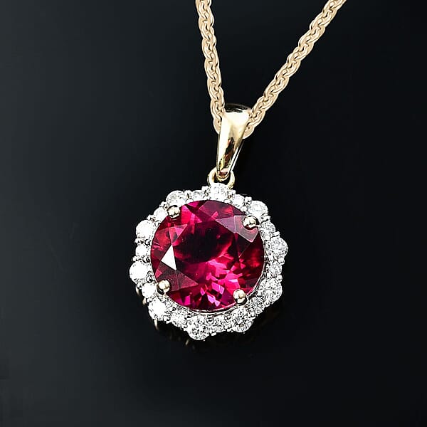 Certified & Appraised AAA Luxuriant Bixbite (LG) And E-F VS Lab Grown Diamond 3.51 Ctw Pendant Necklace In 10K Yellow Gold 18 Inches