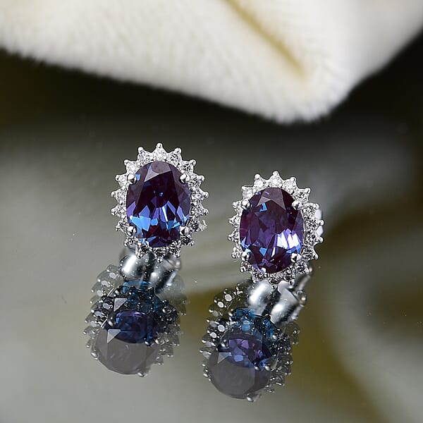Certified & Appraised AAA Luxuriant Lab Grown Alexandrite And G-H SI Lab Grown Diamond 3.60 Ctw Stud Earrings In 10K White Gold