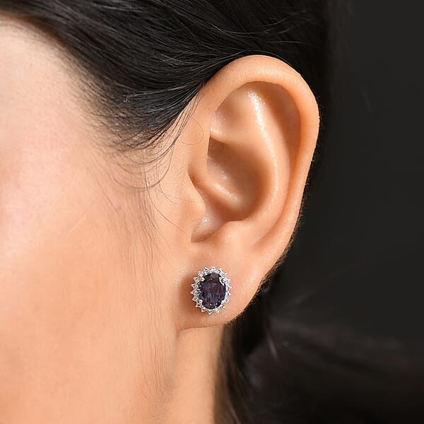 Certified & Appraised AAA Luxuriant Lab Grown Alexandrite And G-H SI Lab Grown Diamond 3.60 Ctw Stud Earrings In 10K White Gold
