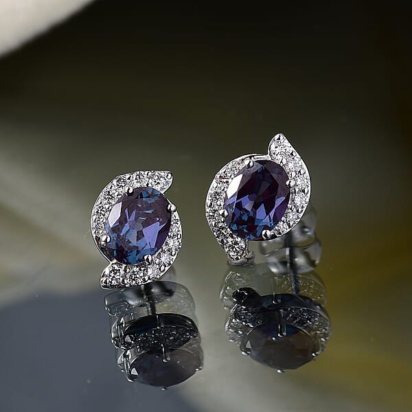 Certified & Appraised AAA Luxuriant Lab Grown Alexandrite And G-H SI Lab Grown Diamond 3.73 Ctw Earrings In 10K White Gold