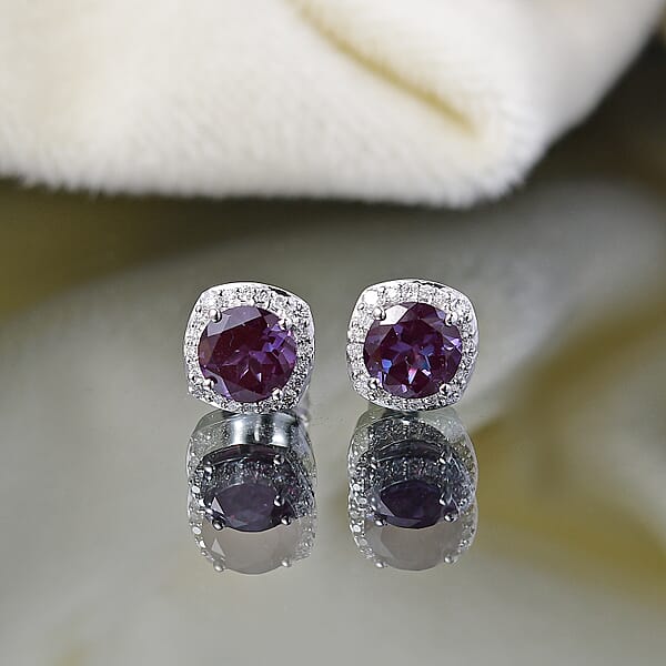 Certified & Appraised AAA Luxuriant Lab Grown Alexandrite And G-H SI Lab Grown Diamond 2.90 Ctw Stud Earrings In 10K White Gold