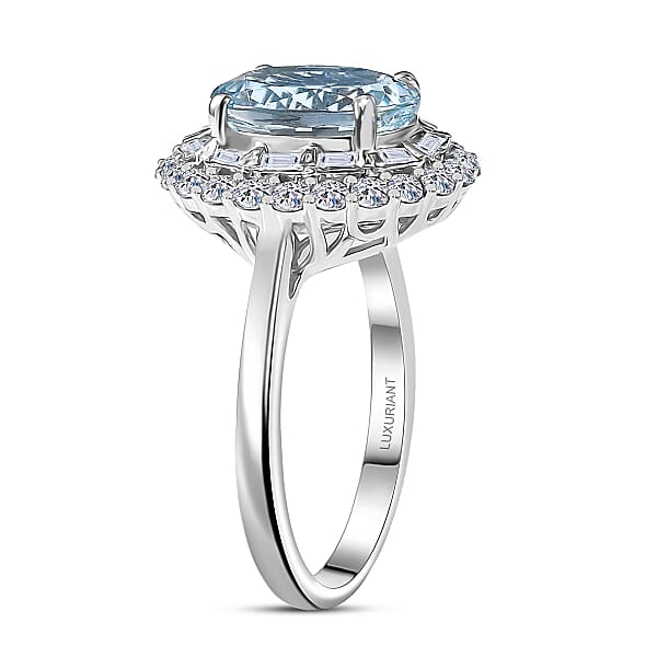 Certified & Appraised AAA Mangoro Aquamarine And Luxuriant Diamond G-H SI 3.11 Ctw Cocktail Ring In 10K White Gold