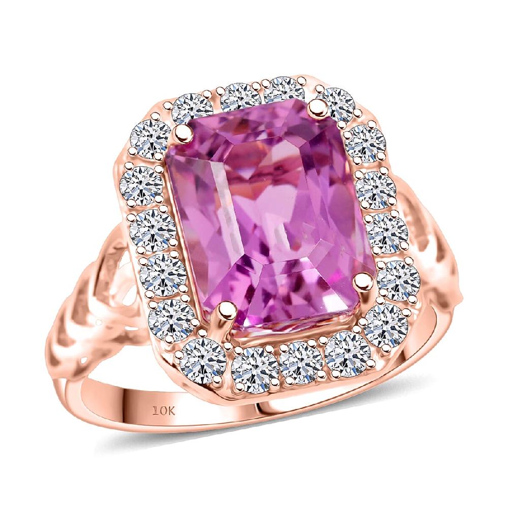 Certified & Appraised AAA Martha Rocha Kunzite and Luxuriant Lab Grown Diamond E-F VS 9.25 ctw Ring in 10K Rose Gold 5.46 Grams