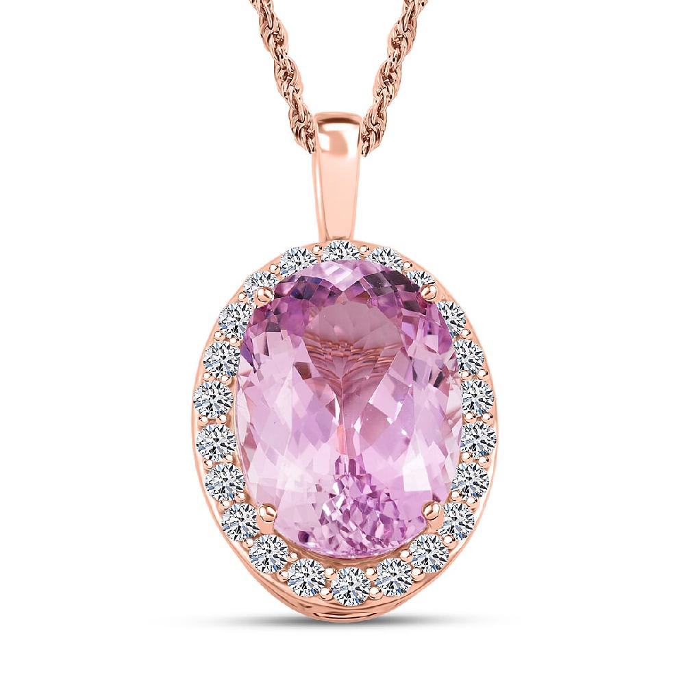 Certified & Appraised AAA Martha Rocha Kunzite and Luxuriant Lab Grown Diamond E-F VS 14.00 ctw Pendant Necklace in 10K Rose Gold 5.55 Grams 18 Inches