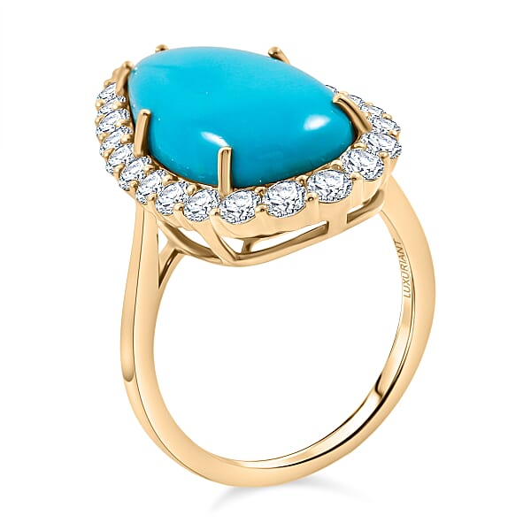 Certified & Appraised AAA Sleeping Beauty Turquoise And Luxuriant Lab Grown Diamond E-F VS 7.36 Ctw Ring In 10K Yellow Gold 4.06 Grams