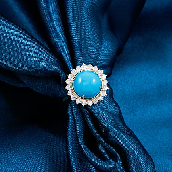 Certified & Appraised AAA Sleeping Beauty Turquoise And Luxuriant Lab Grown Diamond E-F VS 6.35 Ctw Ring In 10K Yellow Gold