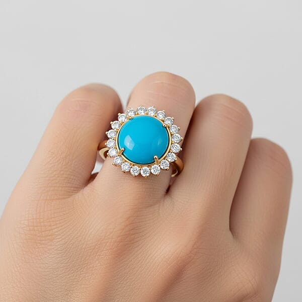 Certified & Appraised AAA Sleeping Beauty Turquoise And Luxuriant Lab Grown Diamond E-F VS 6.35 Ctw Ring In 10K Yellow Gold