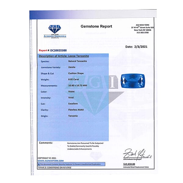 Certified & Appraised AAAA Vivid Tanzanite (Cush Free Size) Approx 8.00 Ctw