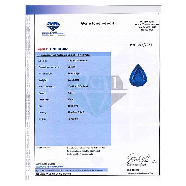 Certified & Appraised AAAA Vivid Tanzanite (Pear Free Size) Approx 8.00 Ctw