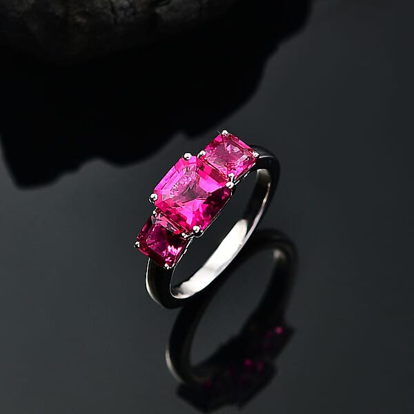 Certified & Appraised Asscher Cut AAA Luxuriant Bixbite (LG) 10.0) 2.60 Ctw 3 Stone Ring In 10K White Gold