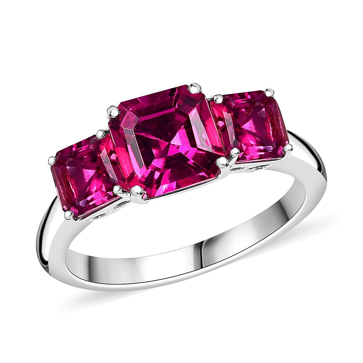 Certified & Appraised Asscher Cut AAA Luxuriant Bixbite (LG) 10.0) 2.60 Ctw 3 Stone Ring In 10K White Gold