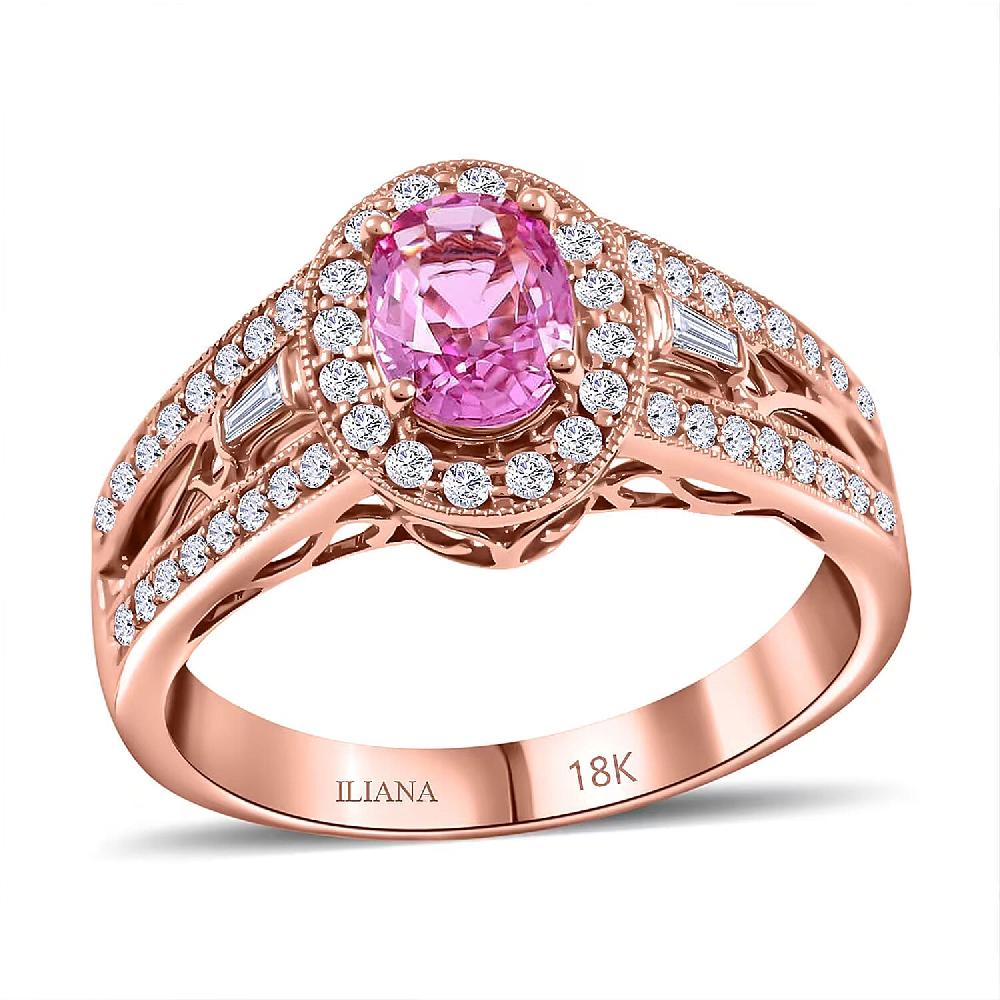 Certified & Appraised Iliana 18K Rose Gold AAA Madagascar Pink Sapphire and G-H SI Diamond Halo Ring 5.50 Grams 1.40 ctw