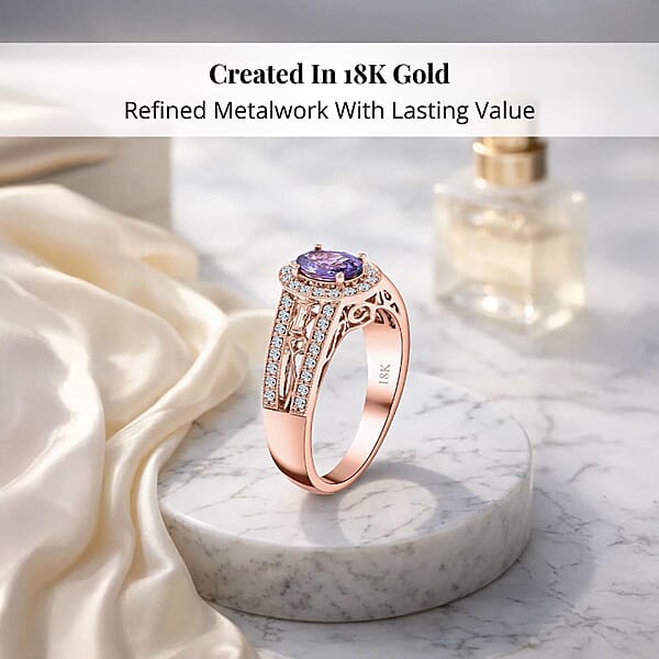 Certified & Appraised Iliana 18K Rose Gold AAA Madagascar Purple Sapphire And G-H SI Diamond Halo Ring 5.50 Grams 1.40 Ctw