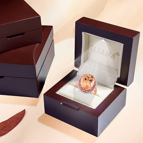 Certified & Appraised Iliana 18K Rose Gold AAA Marropino Morganite And G-H SI Diamond Double Halo Ring 5.90 Grams 13.35 Ctw