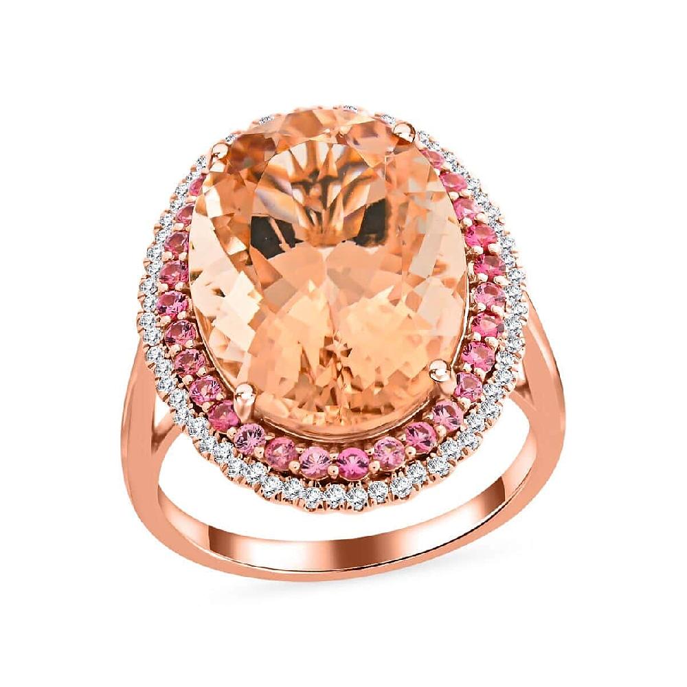 Certified & Appraised Iliana 18K Rose Gold AAA Marropino Morganite and G-H SI Diamond Double Halo Ring 5.90 Grams 13.35 ctw