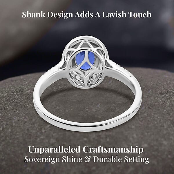 Certified & Appraised Iliana 18K White Gold AAA Ceylon Blue Sapphire And G-H SI Diamond Double Halo Ring 4.45 Grams 1.75 Ctw