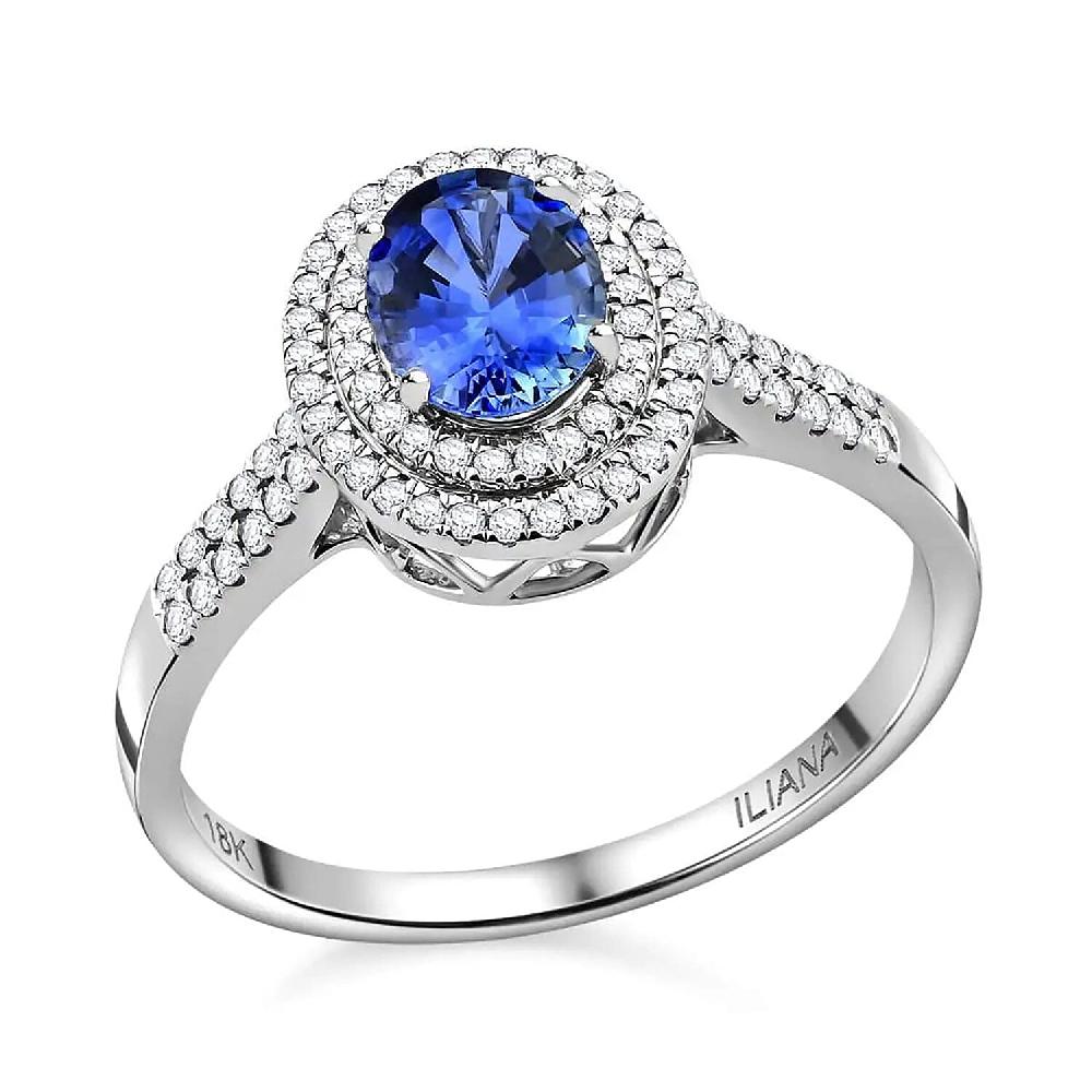 Certified & Appraised Iliana 18K White Gold AAA Ceylon Blue Sapphire and G-H SI Diamond Double Halo Ring 4.45 Grams 1.75 ctw