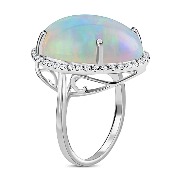 Certified & Appraised Iliana 18K White Gold AAA Ethiopian Welo Opal And G-H SI Diamond Halo Ring 4.60 Grams 13.40 Ctw