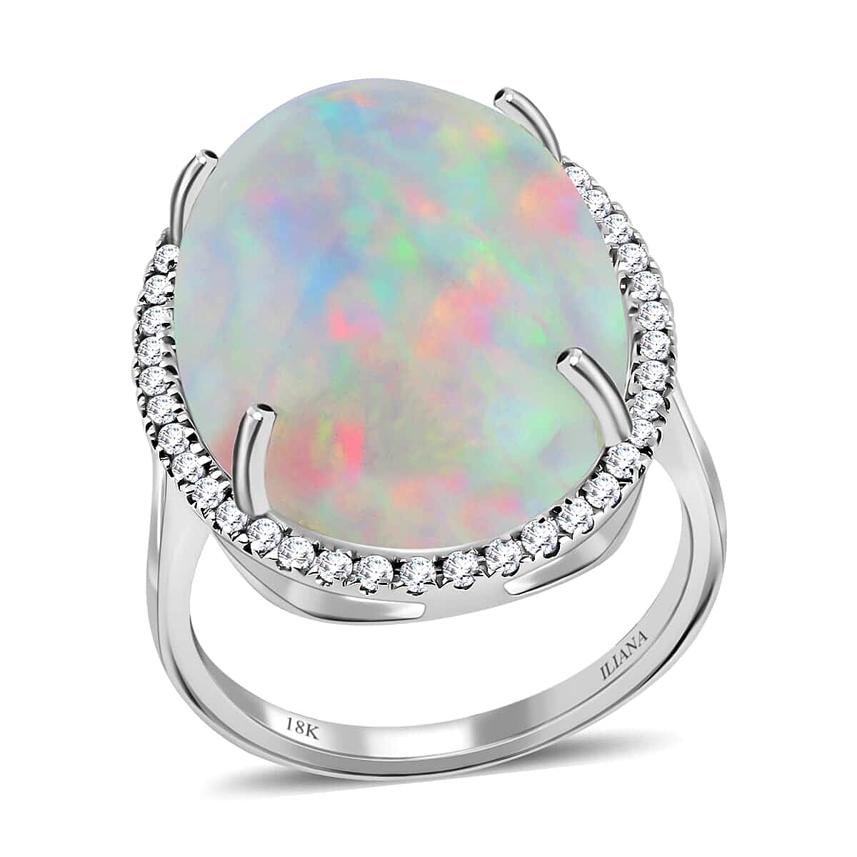 Certified & Appraised Iliana 18K White Gold AAA Ethiopian Welo Opal and G-H SI Diamond Halo Ring 4.60 Grams 13.40 ctw