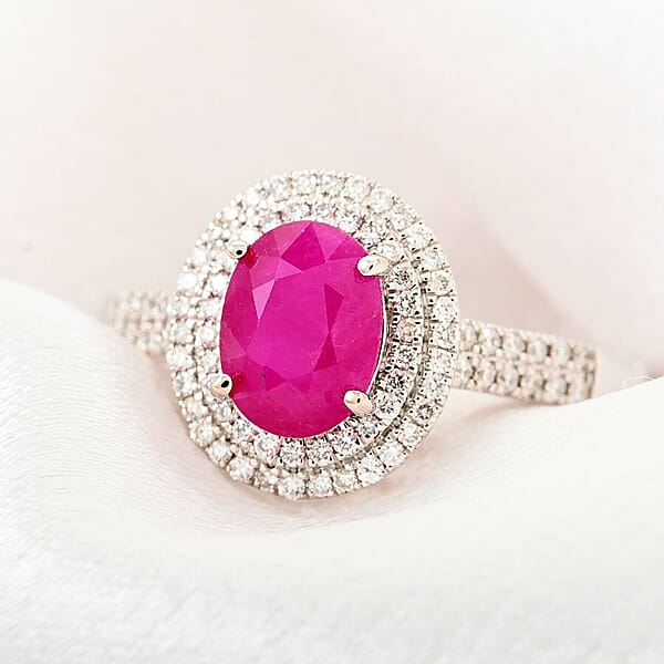 Certified & Appraised Iliana 18K White Gold AAA Montepuez Ruby And G-H SI Diamond Double Halo Ring 4.52 Grams 1.85 Ctw
