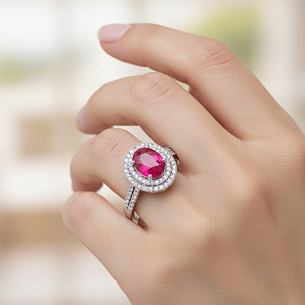 Certified & Appraised Iliana 18K White Gold AAA Montepuez Ruby And G-H SI Diamond Double Halo Ring 4.52 Grams 1.85 Ctw