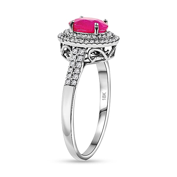 Certified & Appraised Iliana 18K White Gold AAA Montepuez Ruby And G-H SI Diamond Double Halo Ring 4.52 Grams 1.85 Ctw