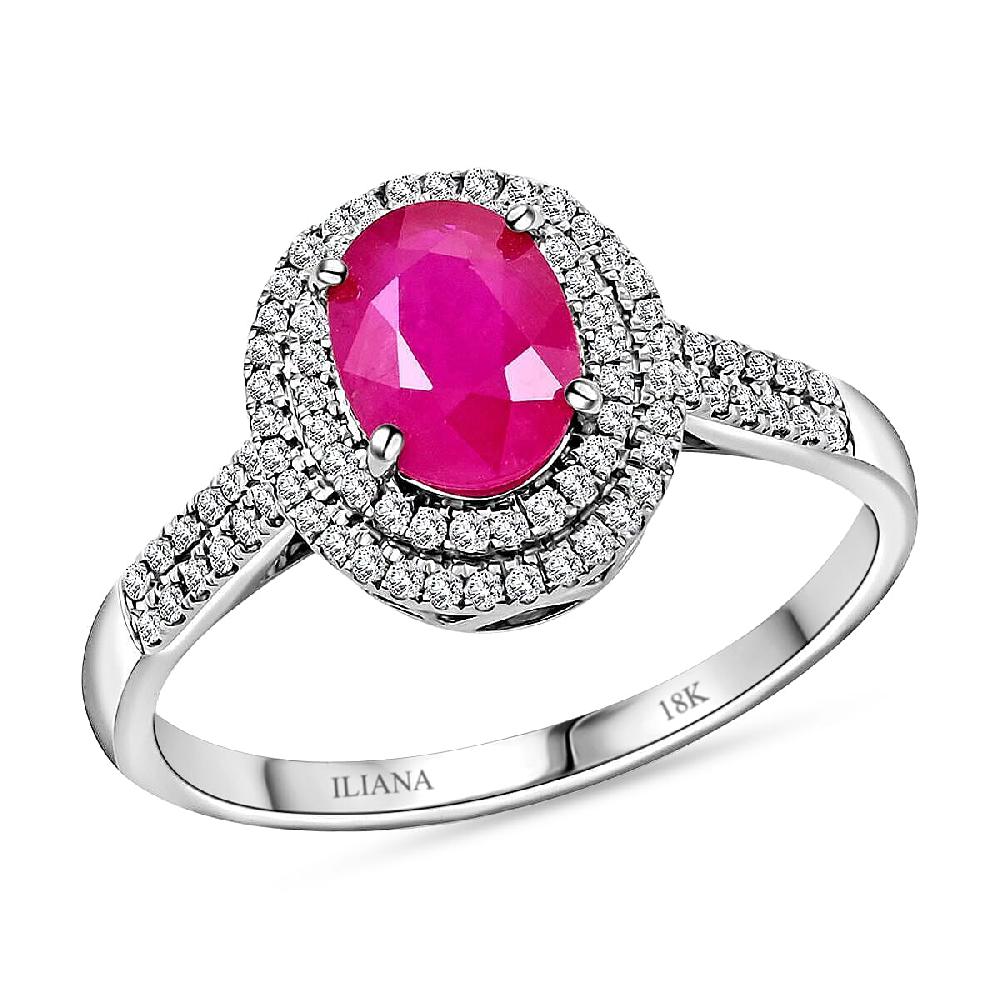 Certified & Appraised Iliana 18K White Gold AAA Montepuez Ruby and G-H SI Diamond Double Halo Ring 4.52 Grams 1.85 ctw