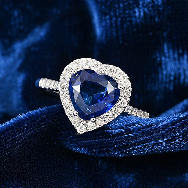 Certified & Appraised Iliana 18K White Gold AAA Royal Ceylon Sapphire And G-H SI Diamond Heart Halo Ring 3.20 Grams 2.55 Ctw