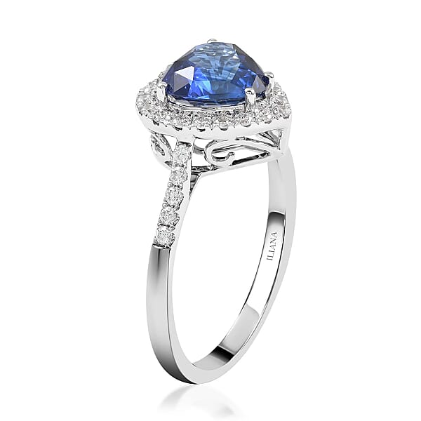 Certified & Appraised Iliana 18K White Gold AAA Royal Ceylon Sapphire And G-H SI Diamond Heart Halo Ring 3.20 Grams 2.55 Ctw