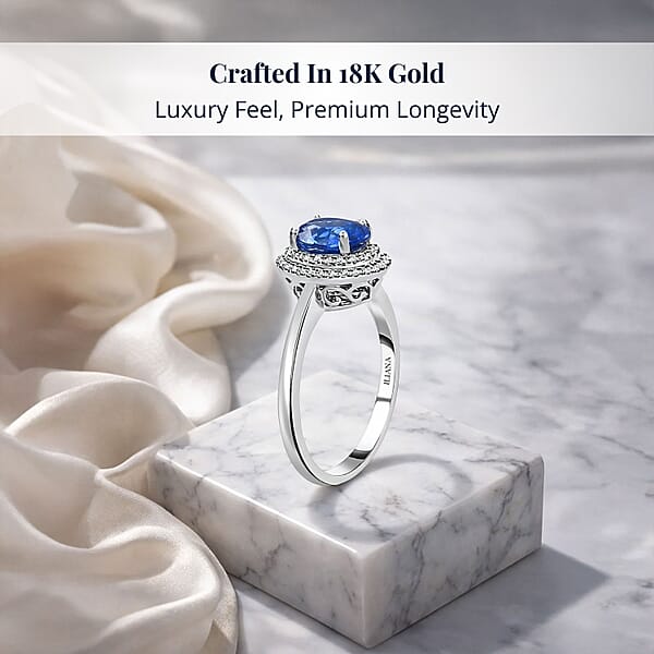 Certified & Appraised Iliana 18K White Gold AAA Royal Ceylon Sapphire And G-H SI Diamond Double Halo Ring 1.25 Ctw