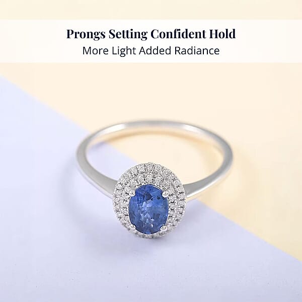 Certified & Appraised Iliana 18K White Gold AAA Royal Ceylon Sapphire And G-H SI Diamond Double Halo Ring 1.25 Ctw
