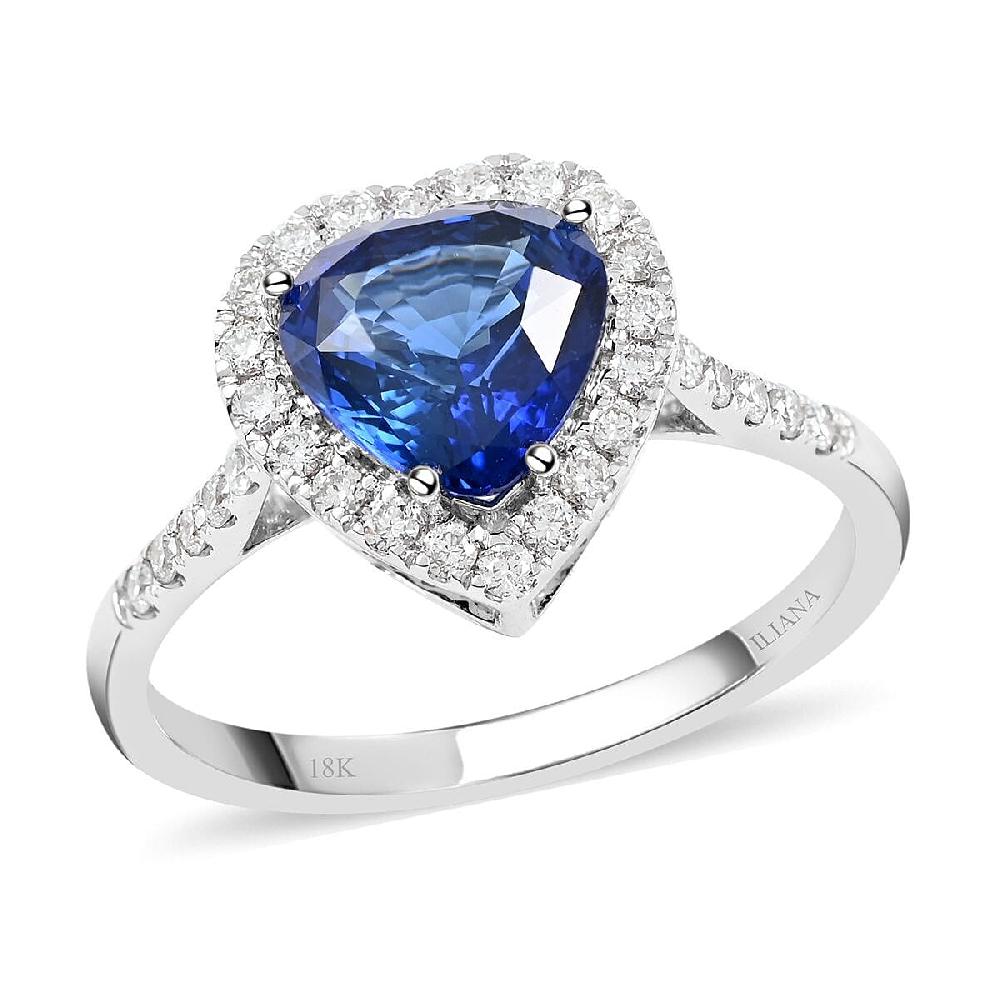 Certified & Appraised Iliana 18K White Gold AAA Royal Ceylon Sapphire and G-H SI Diamond Heart Halo Ring 3.20 Grams 2.55 ctw