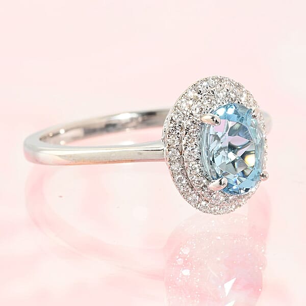 Certified & Appraised Iliana 18K White Gold AAA Santa Maria Aquamarine And G-H SI Diamond Double Halo Ring 1.00 Ctw