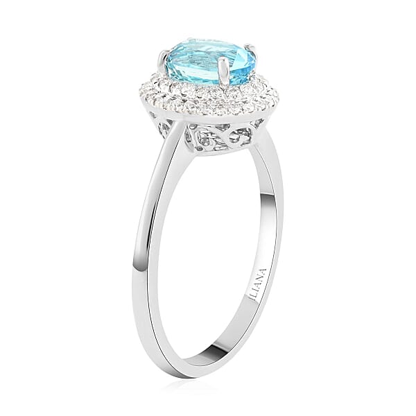 Certified & Appraised Iliana 18K White Gold AAA Santa Maria Aquamarine And G-H SI Diamond Double Halo Ring 1.00 Ctw