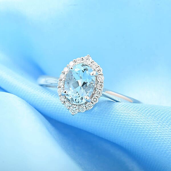 Certified & Appraised Iliana 18K White Gold AAA Santa Maria Aquamarine And G-H SI Diamond Halo Ring 1.00 Ctw