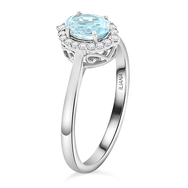 Certified & Appraised Iliana 18K White Gold AAA Santa Maria Aquamarine And G-H SI Diamond Halo Ring 1.00 Ctw