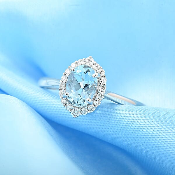 Certified & Appraised Iliana 18K White Gold AAA Santa Maria Aquamarine And G-H SI Diamond Halo Ring 1.00 Ctw