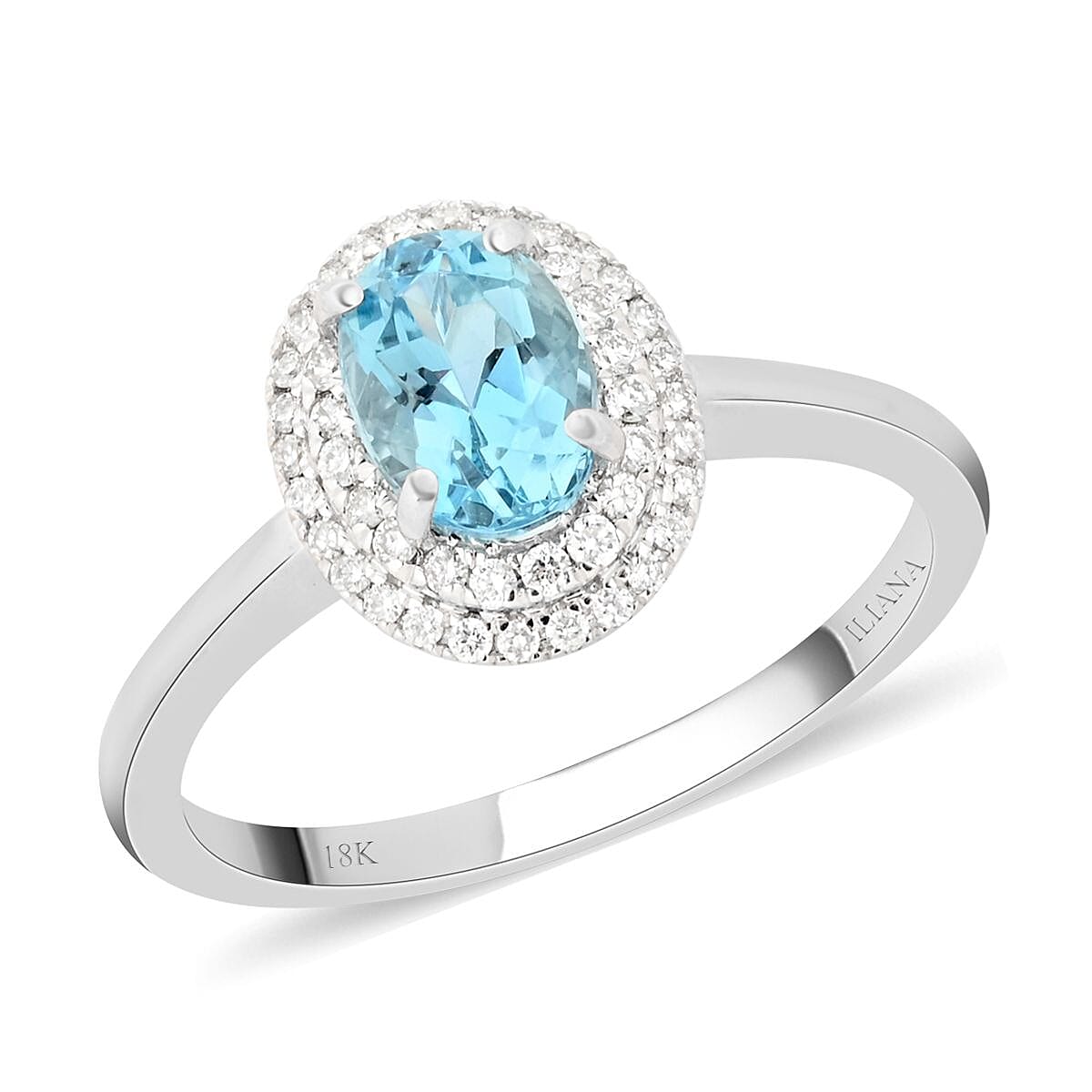 Certified & Appraised Iliana 18K White Gold AAA Santa Maria Aquamarine and G-H SI Diamond Double Halo Ring 1.00 ctw