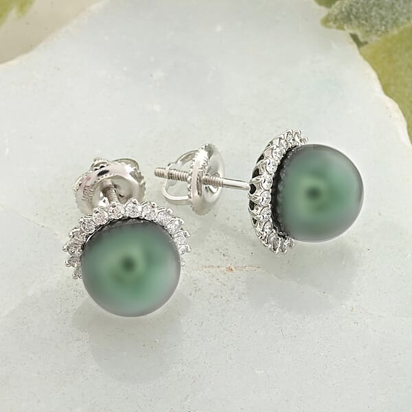 Certified & Appraised Iliana 18K White Gold AAA Tahitian Pearl 8-8.50mm And SI Diamond Earrings 0.32 Ctw